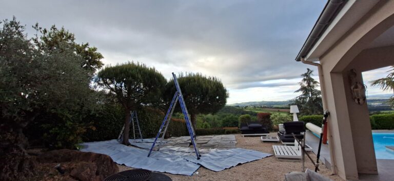 Mobilier déplacé et sol protégé par des bâches autour des pins parasols pendant le chantier de taille